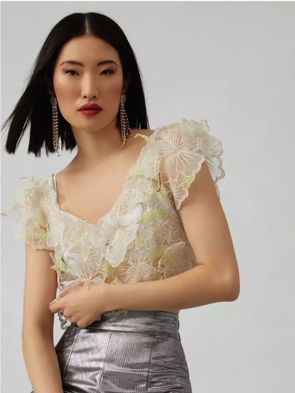 Anthropologie 3D Floral Embroidered Crop Top XS Adjustable Straps